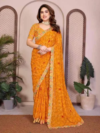 DESIGNER GEORGETTE BANDHEJ PRINT WITH CUTWORK LACE BORDER WORK SAREE WITH UNSTITCHED BLOUSE YELLOW
