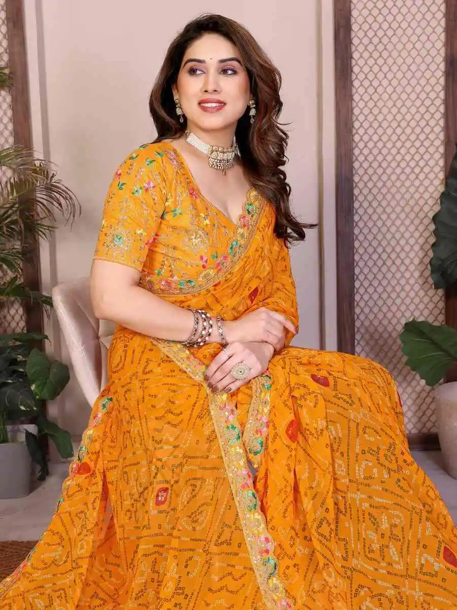 3DESIGNER GEORGETTE BANDHEJ PRINT WITH CUTWORK LACE BORDER WORK SAREE WITH UNSTITCHED BLOUSE FESTIVE WEAR WHOLESALE PRICE ETHNIC GARMENT (5)