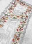 DESIGNER GMY SATIN SEQUENCE ZARI AND ARCO BORDER WORK SAREE WITH STITCHED BLOUSE WHITE