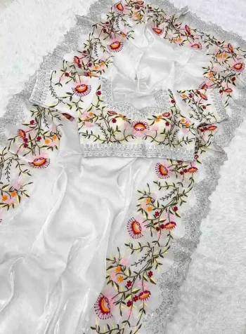 DESIGNER GMY SATIN SEQUENCE ZARI AND ARCO BORDER WORK SAREE WITH STITCHED BLOUSE WHITE