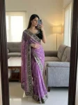DESIGNER MOSS SILK SEQUENCE AND ZARI EMBROIDERY WITH VELVET LACE BORDER WORK SAREE WITH UNSTITCHED BLOUSE LAVENDER