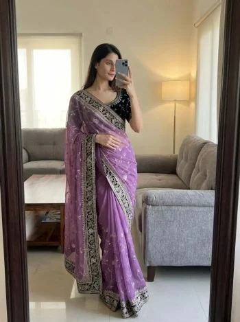 DESIGNER MOSS SILK SEQUENCE AND ZARI EMBROIDERY WITH VELVET LACE BORDER WORK SAREE WITH UNSTITCHED BLOUSE LAVENDER