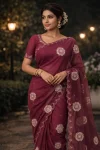 DESIGNER ORGNAZA HAND JARKHAN AND DIAMOND WORK SAREE WITH UNSTITCHED BLOUSE WINE