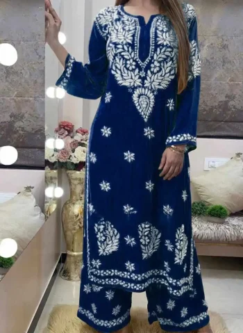 DESIGNER RAYON COTTON EMBROIDERY WORK KURTI PALAZZO SET NAVY BLUE