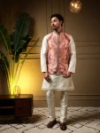 DESIGNER SLUB SILK PLAIN MEN'S KURTA PAYJAMA WITH 3D WEAVING WORK KOTI PEACH