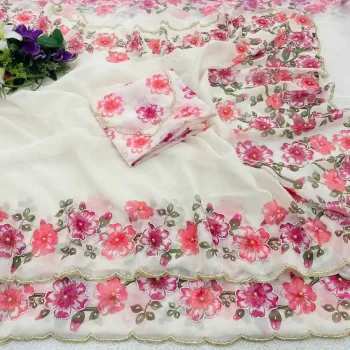 DESIGNER TABBY ORGANZA FLORAL PRINTS WITH BEADS AND CUT DANA HANDWORK SAREE WITH UNSTITCHED BLOUSE PINK