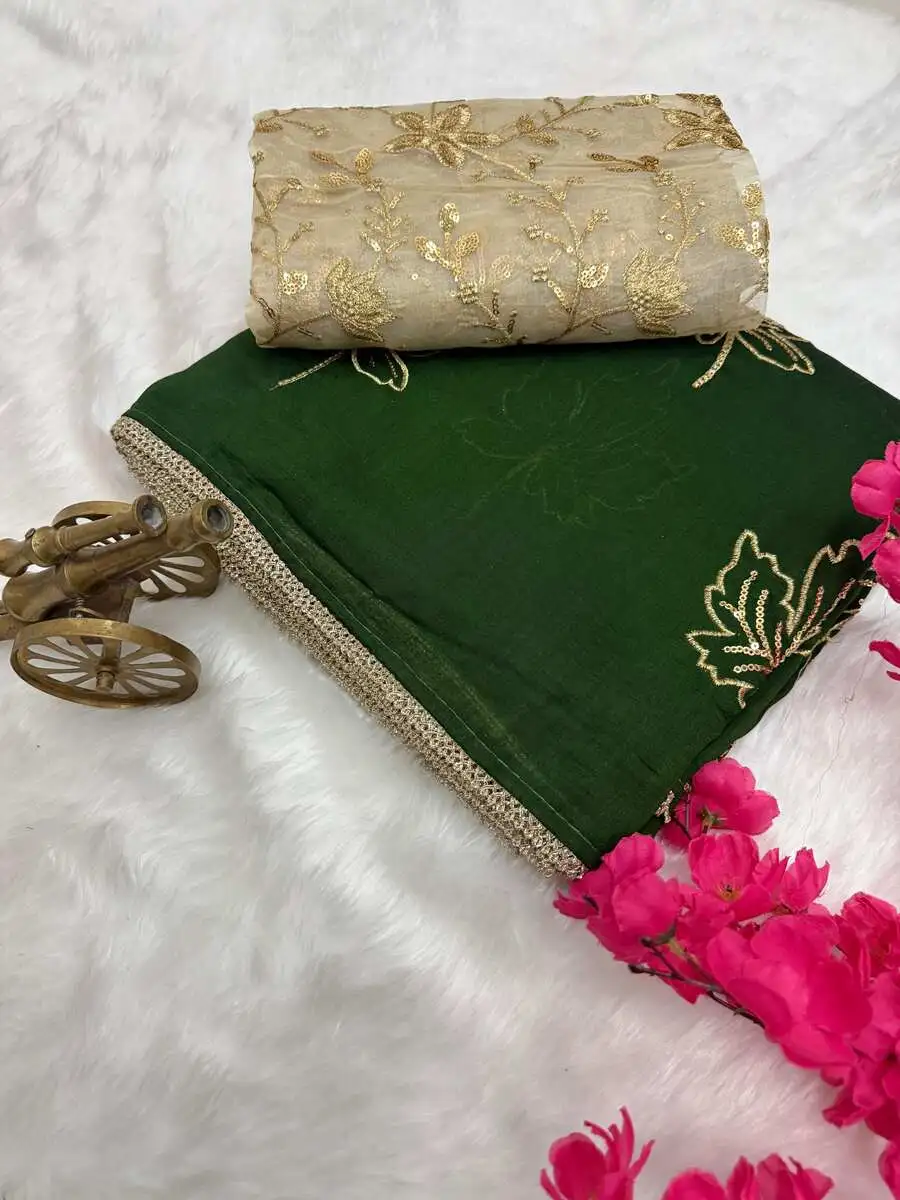 3DESIGNER VICHITRA SILK SEQUENCE EMBROIDERY WITH READYMADE LACE BORDER WORK SAREE WITH UNSTITCHED BLOUSE PARTY WEAR WHOLESALE PRICE ETHNIC GARMENT (12)