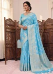FANCY DOLA SILK ZARI & MEENAKARI WOVEN PALLU WITH BORDER WORK SAREE WITH UNSTITCHED BLOUSE SKY