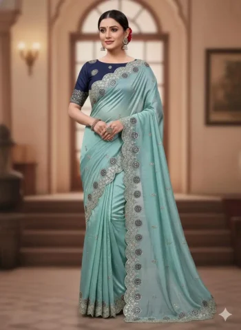 FANCY GOLD CRUSH EMBROIDERY AND MULTI THREAD WITH ARCO CUT WORK BORDER SAREE WITH UNSTITCHED BLOUSE SKY