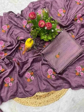 FANCY MANIPURI SILK MULTI THREAD EMBROIDERY WORK WITH CUTWORK SAREE WITH UNSTITCHED BLOUSE LAVENDER