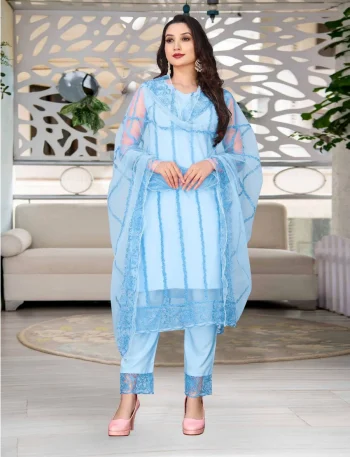 FANCY NET EMBROIDERY WORK TOP BOTTOM WITH DUPATTA SKY