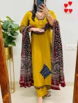 FANCY RAYON SLUB APPLIQUE WORK TOP BOTTOM WITH DUPATTA YELLOW