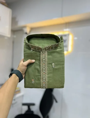 FANCY ROMAN SHIMMER MULTI EMBROIDERY WORK WITH DOUBLE GOLDEN SEQUENCE WORK MEN'S KURTA PAYJAMA PISTA