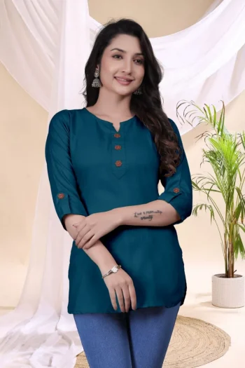 FANCY TESLA COTTON FRONT SIDE BUTTON WORK ONLY TOP TEAL