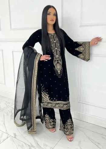 FANCY VELVET EMBROIDERY 5 MM SEQUENCE WORK TOP PALAZZO WITH DUPATTA BLACK