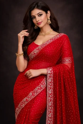 LATEST GEORGETTE DIAMOND WORK SAREE WITH UNSTITCHED BLOUSE RED