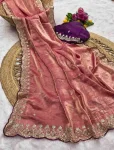 MODERN FENDY SATIN EMBROIDERY SEQUENCE WORK BORDER WITH BUTTI WORK SAREE WITH STITCHED BLOUSE PEACH