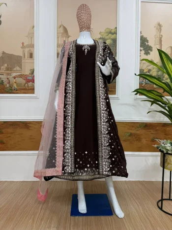 MODERN GEORGETTE EMBROIDERY WORK WITH CRYSTAL DIAMOND WORK GOWN KOTI WITH DUPATTA BROWN