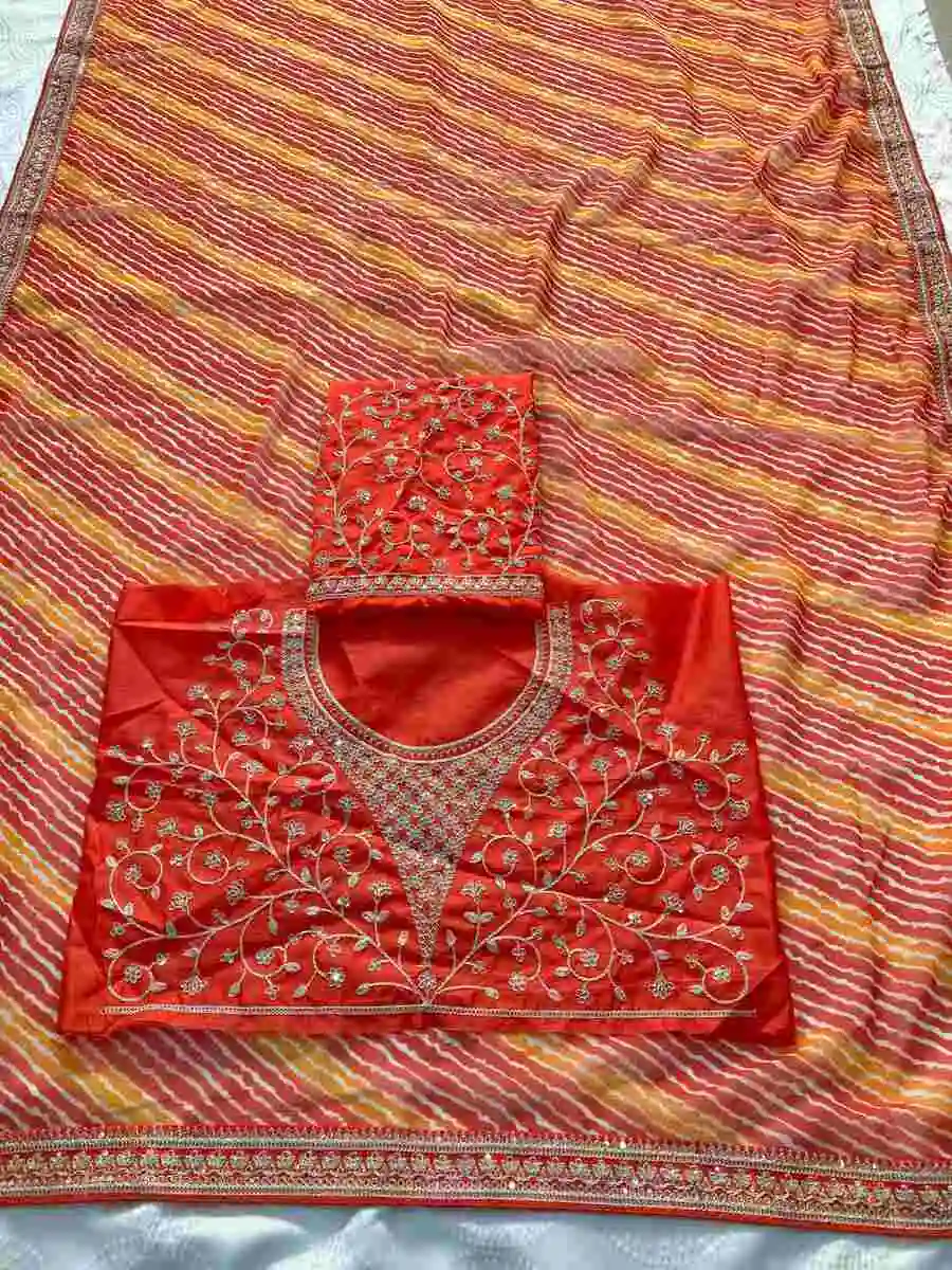 3MODERN GEORGETTE LAHERIYA BANDHEJ PRINT WITH LACE BORDER WORK SAREE WITH UNSTITCHED BLOUSE PARTY WEAR WHOLESALE PRICE ETHNIC GARMENT (1)