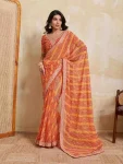 MODERN GEORGETTE LAHERIYA BANDHEJ PRINT WITH LACE BORDER WORK SAREE WITH UNSTITCHED BLOUSE ORANGE