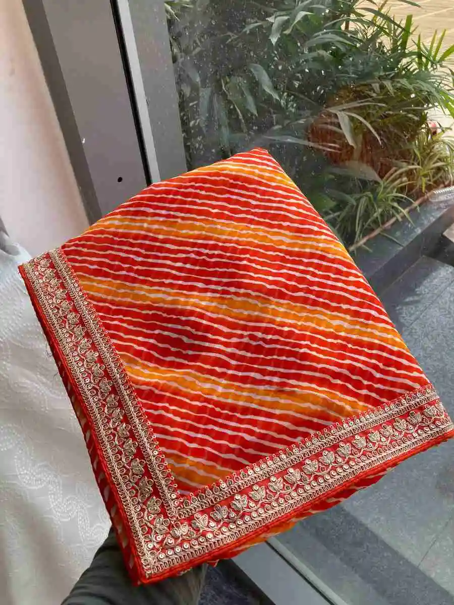 3MODERN GEORGETTE LAHERIYA BANDHEJ PRINT WITH LACE BORDER WORK SAREE WITH UNSTITCHED BLOUSE PARTY WEAR WHOLESALE PRICE ETHNIC GARMENT (5)