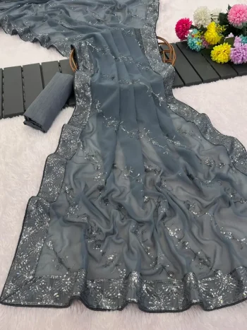 MODERN GEORGETTE SILK SEQUENCE WORK ALL OVER WITH PIPING BORDER WORK SAREE WITH UNSTITCHED BLOUSE GREY