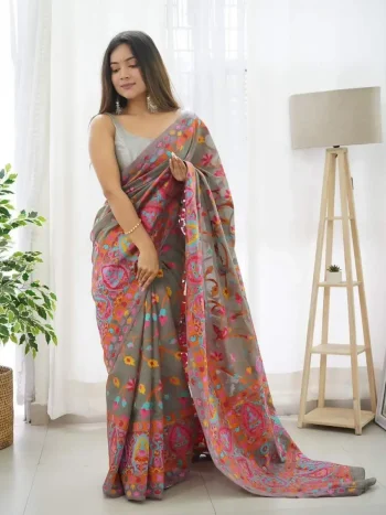 MODERN KASHMIRI PASMINA THREAD WEAVING PURE ZARI WEAVING WORK SAREE WITH UNSTITCHED BLOUSE GREY
