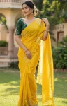 MODERN SILK HANDWORK CUT DANA WITH ZARKAN DIAMOND CUT WORK BORDER WORK SAREE WITH UNSTITCHED BLOUSE LEMON