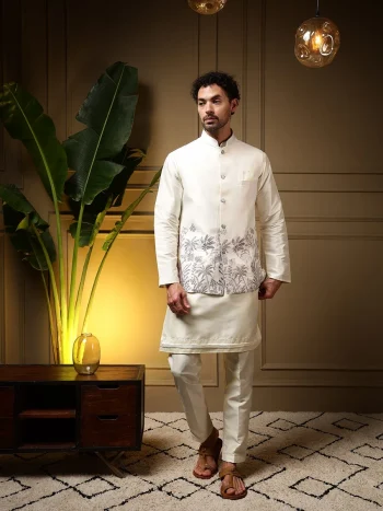 MODERN SILK PLAIN KURTA PAYJAMA WITH EMBROIDERY SEQUENCE WORK KOTI CREAM