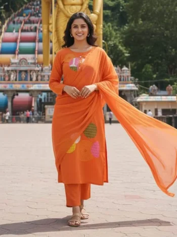 MOST PICKED COTTON BLEND EMBROIDERY WORK TOP BOTTOM WITH DUPATTA ORANGE