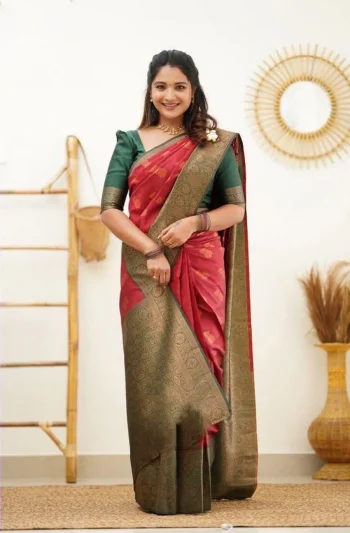 MOST PICKED LICHI SILK JACQUARD WORK SAREE WITH UNSTITCHED BLOUSE RED