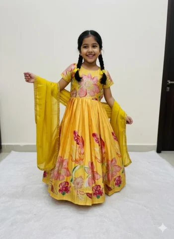 NEW ARRIVAL CHINON SILK POSITION PRINT FOIL WORK KID'S GOWN WITH DUPATTA YELLOW
