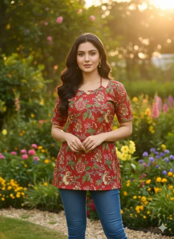 NEW ARRIVAL COTTON FLORAL PRINT WORK ONLY TOP RED