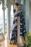 NEW ARRIVAL LICHI SILK RICH PALLU & JACQUARD WORK SAREE WITH UNSTITCHED BLOUSE NAVY BLUE
