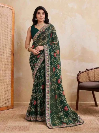 RICH LOOK GEORGETTE BANDHEJ PRINT WITH CUTWORK LACE BORDER WORK SAREE WITH UNSTITCHED BLOUSE GREEN
