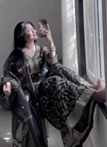 RICH LOOK JIMMY CHOO EMBROIDERY 3MM SEQUENCE & CODING DORI WORK WITH MOTI HAND WORK TOP PALAZZO WITH DUPATTA BLACK