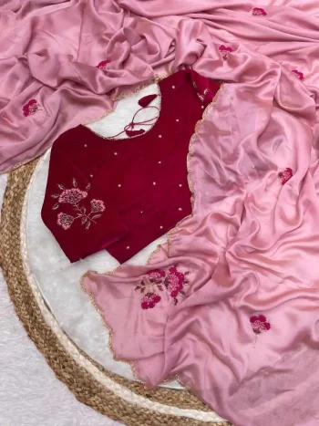 RICH LOOK RANGOLI SILK CUTDANA, MOTI AND RESHAM THREAD WORK SAREE WITH UNSTITCHED BLOUSE BABY PINK