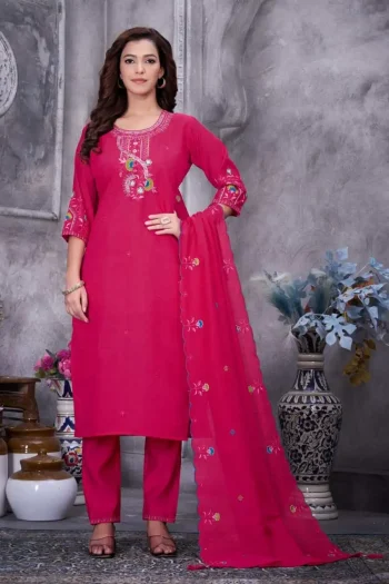 RICH LOOK ROMAN SILK MULTI EMBROIDERY THREAD WITH HAND WORK TOP BOTTOM WITH DUPATTA PINK