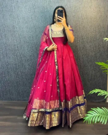 TRADITIONAL NARYANPET SILK BORDER WORK GOWN WITH NET DUPATTA RANI