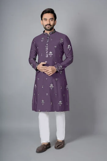 DESIGNER CHANDERI SILK EMBROIDERY SEQUENCE WORK MEN'S KURTA PAYJAMA PURPLE