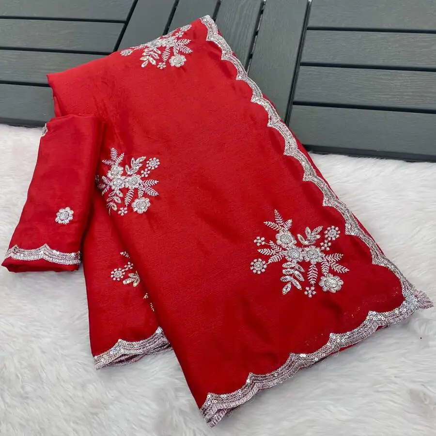 4DESIGNER CHINON WHITE SILVER ZARI EMBROIDERY WORK SAREE WITH UNSTITCHED BLOUSE WEDDING WEAR WHOLESALE PRICE ETHNIC GARMENT (10)