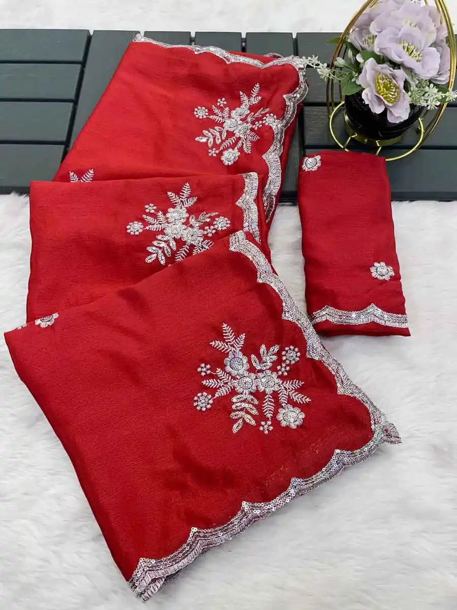 4DESIGNER CHINON WHITE SILVER ZARI EMBROIDERY WORK SAREE WITH UNSTITCHED BLOUSE WEDDING WEAR WHOLESALE PRICE ETHNIC GARMENT (11)