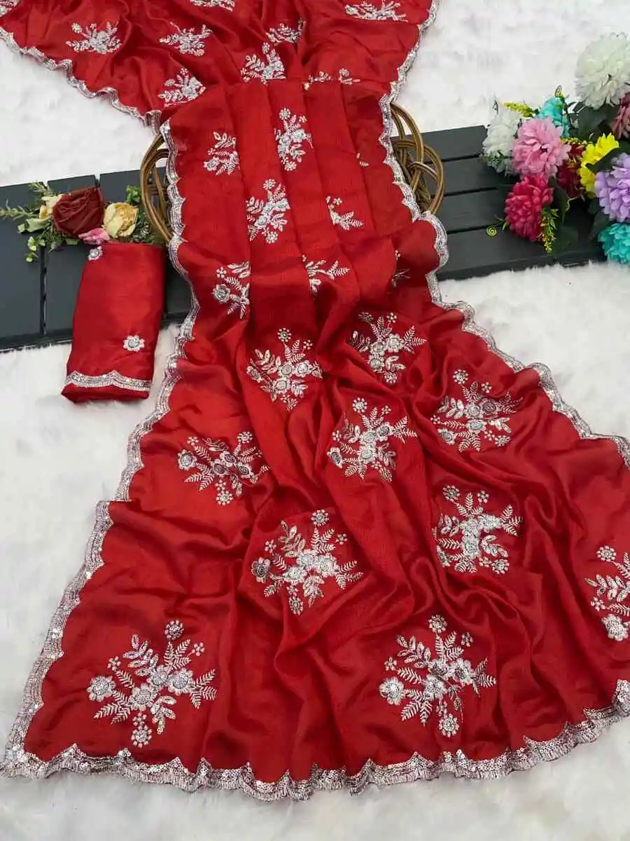 4DESIGNER CHINON WHITE SILVER ZARI EMBROIDERY WORK SAREE WITH UNSTITCHED BLOUSE WEDDING WEAR WHOLESALE PRICE ETHNIC GARMENT (9)