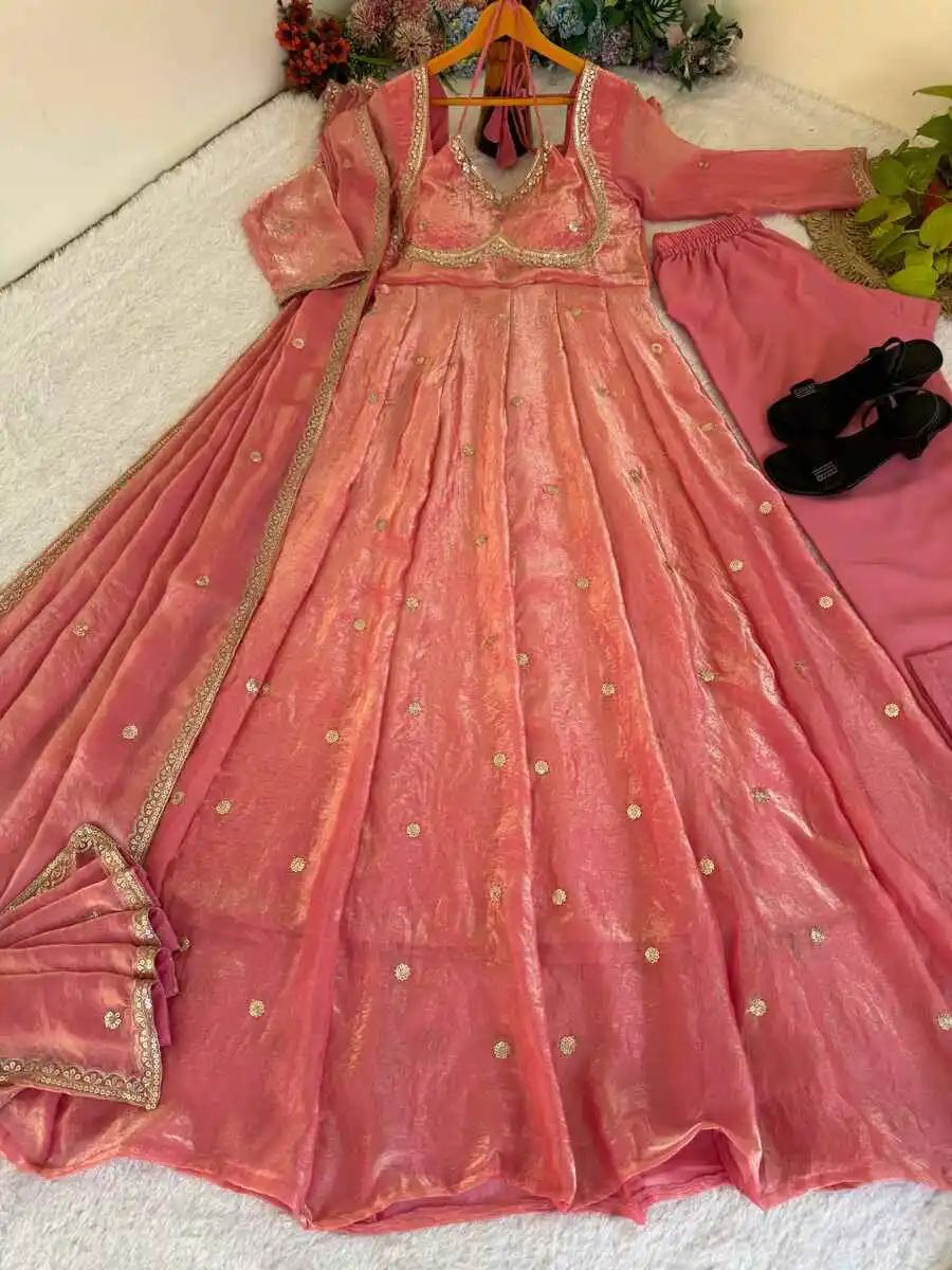 4DESIGNER FENDY SATIN RAMBO SEQUENCE EMBROIDERY WORK GOWN BOTTOM WITH DUPATTA WEDDING WEAR WHOLESALE PRICE ETHNIC GARMENT (11)