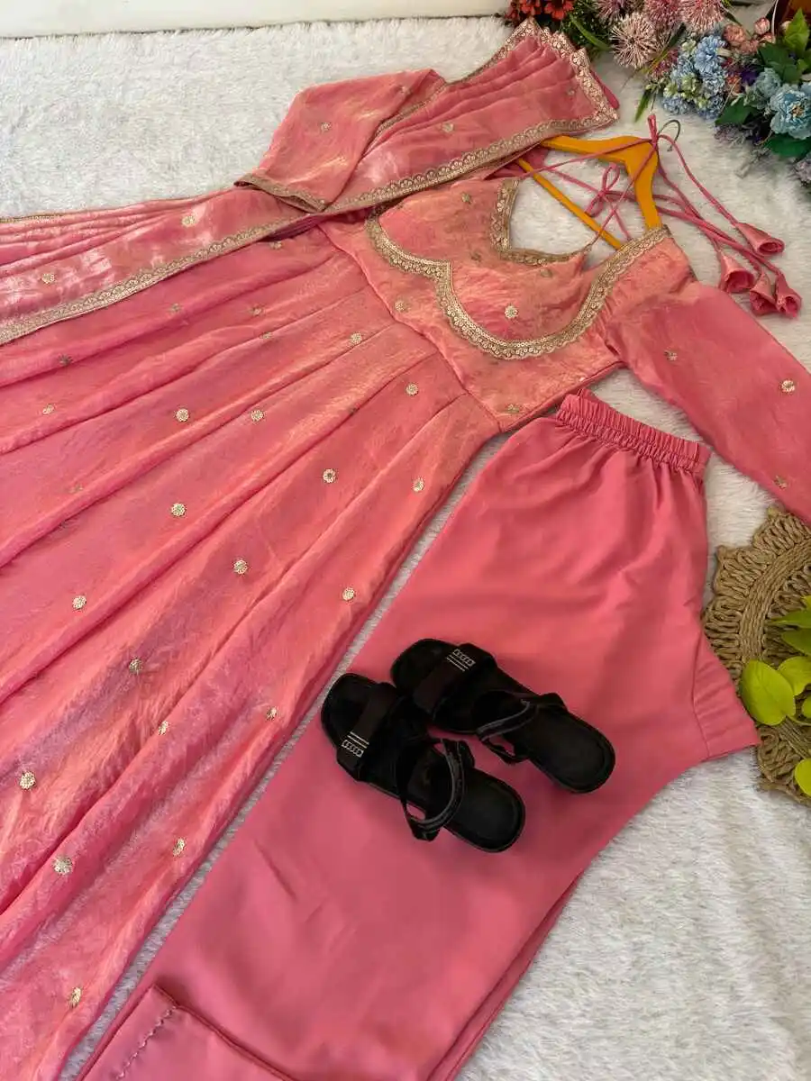 4DESIGNER FENDY SATIN RAMBO SEQUENCE EMBROIDERY WORK GOWN BOTTOM WITH DUPATTA WEDDING WEAR WHOLESALE PRICE ETHNIC GARMENT (15)