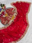DESIGNER FENDY SATIN SILK EMBROIDERY SEQUENCE & CODING WITH CUT WORK BORDER SAREE WITH STITCHED BLOUSE RED