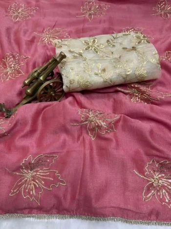 DESIGNER VICHITRA SILK SEQUENCE EMBROIDERY WITH READYMADE LACE BORDER WORK SAREE WITH UNSTITCHED BLOUSE BABY PINK
