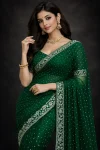 LATEST GEORGETTE DIAMOND WORK SAREE WITH UNSTITCHED BLOUSE GREEN