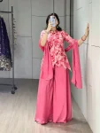 MODERN CHINON PRINT WITH POSITIONED EMBROIDERY WORK TOP PALAZZO WITH DUPATTA PINK