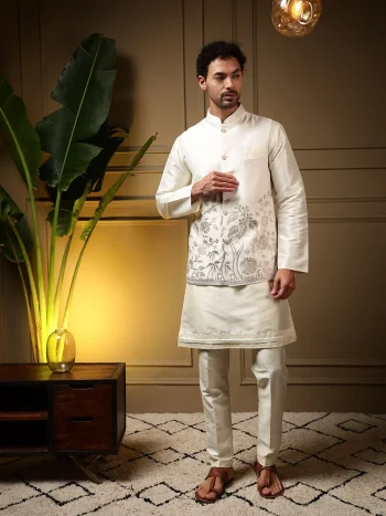 MODERN SILK PLAIN KURTA PAYJAMA WITH EMBROIDERY SEQUENCE WORK KOTI CREAM